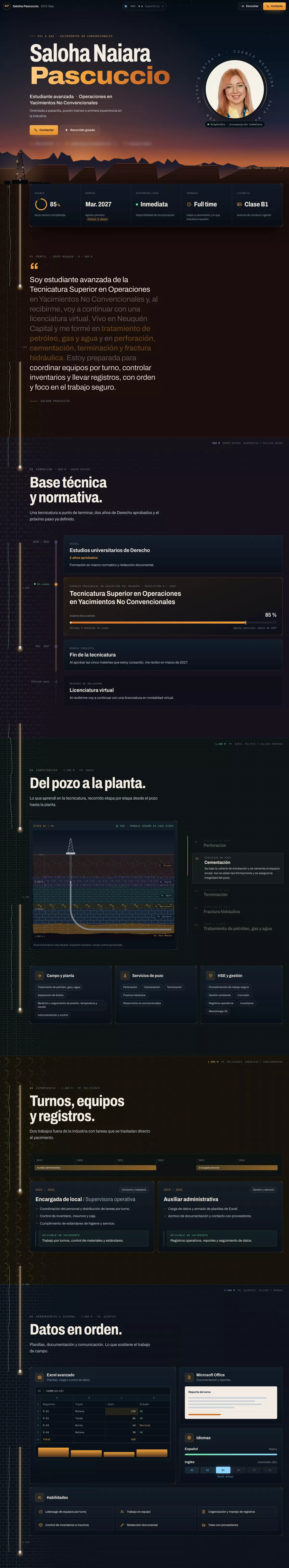 Currículum digital de Saloha en una computadora: portada con su nombre y secciones que bajan como un pozo, con profundidades en metros.