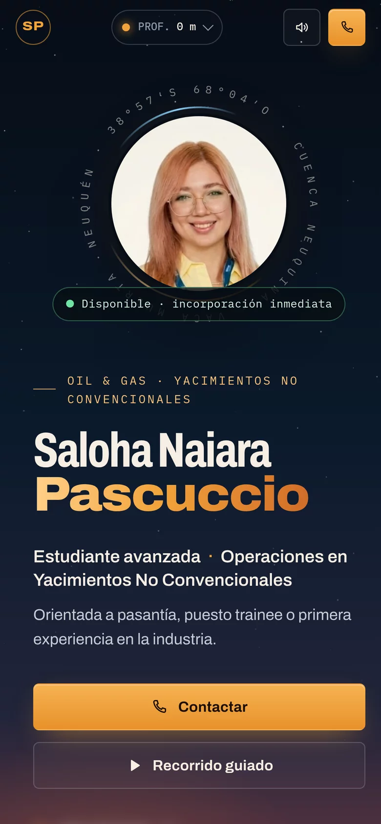 El mismo currículum en un celular, con la portada y el botón del recorrido guiado.